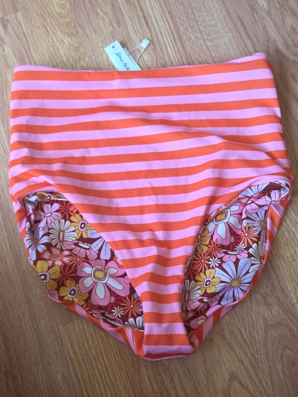 Lime Ricki Bikini Bottoms M Reversible Stripes and Floral 70s Hippie Boho Chic